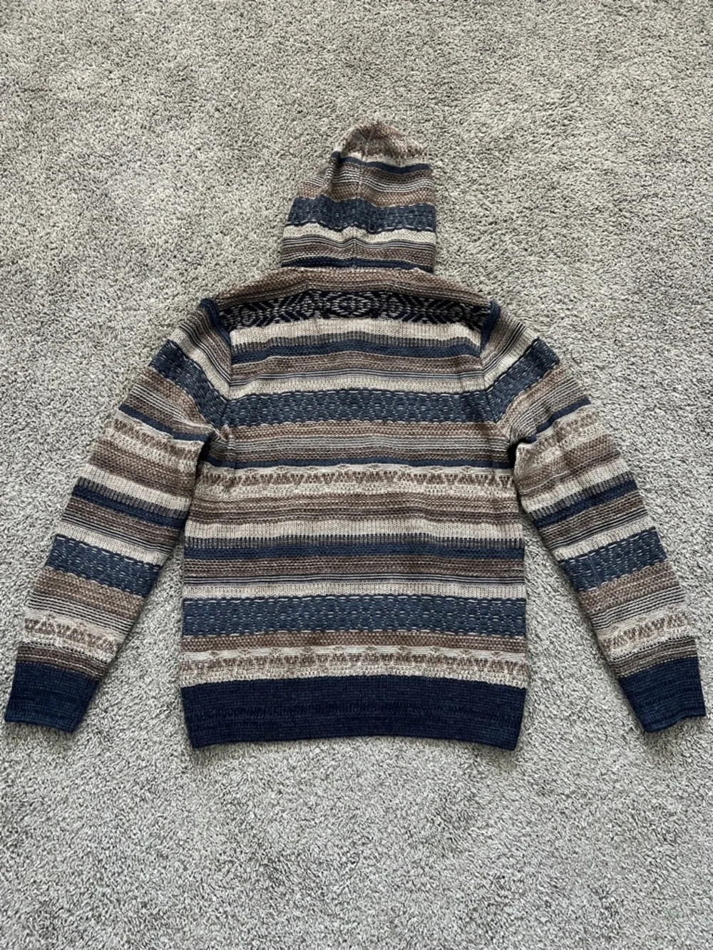 Faherty Men’s Baja Striped Knit Hooded Quarter Button Sweater Navy Tan - Size M